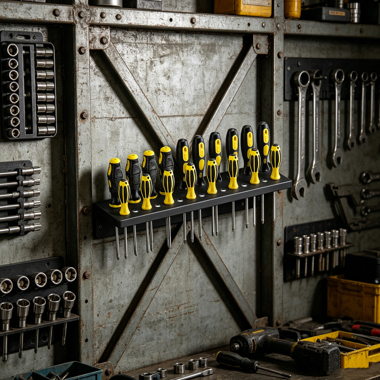 Tools In Metal Workshop - 25 Hole Metal Screwdriver Wall Organizer