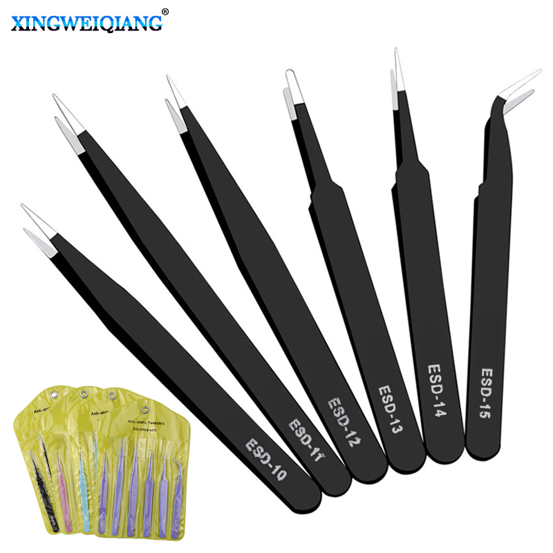 Workshop Hand Tools - 6PCs ESD Anti-Static Stainless Steel Tweezers